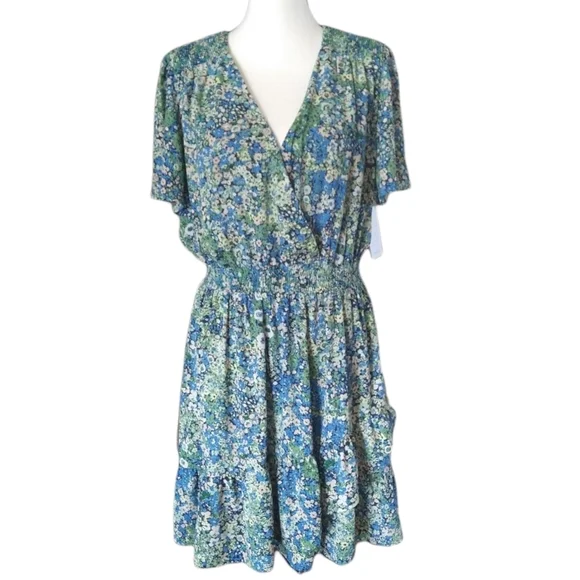 🌿🦋19 Cooper XL Floral Wrap Top Elastic Waist Tiered Ruffle Hem Babydoll Dress - Picture 2 of 8